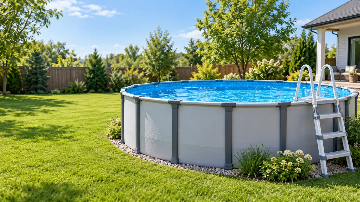 Illustrative above-ground pool with visible frame and access ladder.