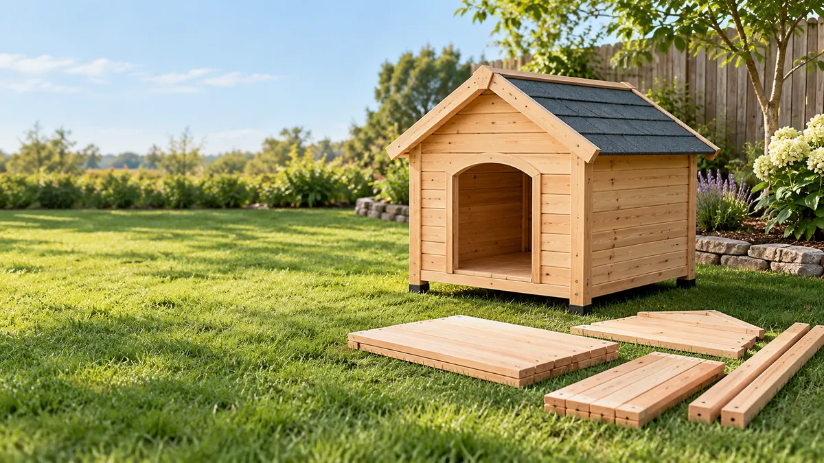 Illustrative wooden animal shelter with matching kit panels.