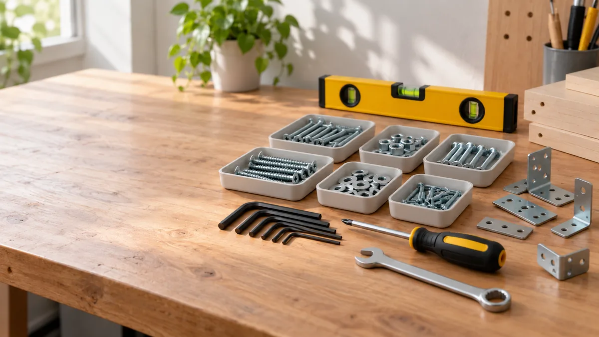 Illustrative household assembly hardware and hand tools on a workbench.