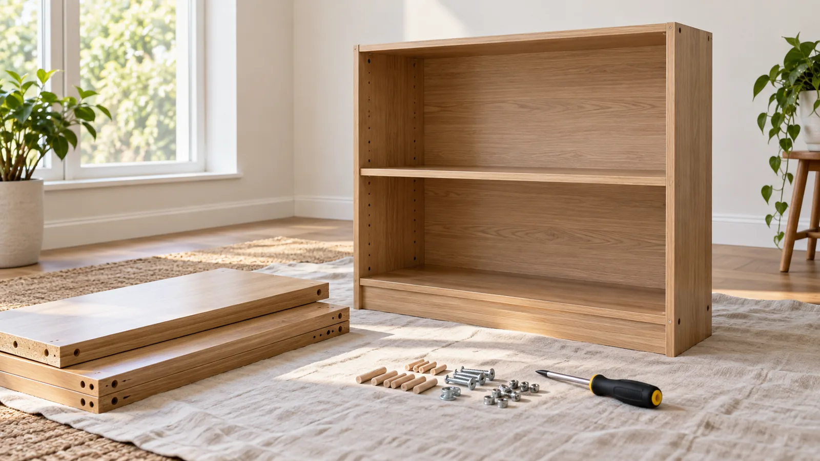 Illustrative bookcase assembly scene with matching panels and hand tools.