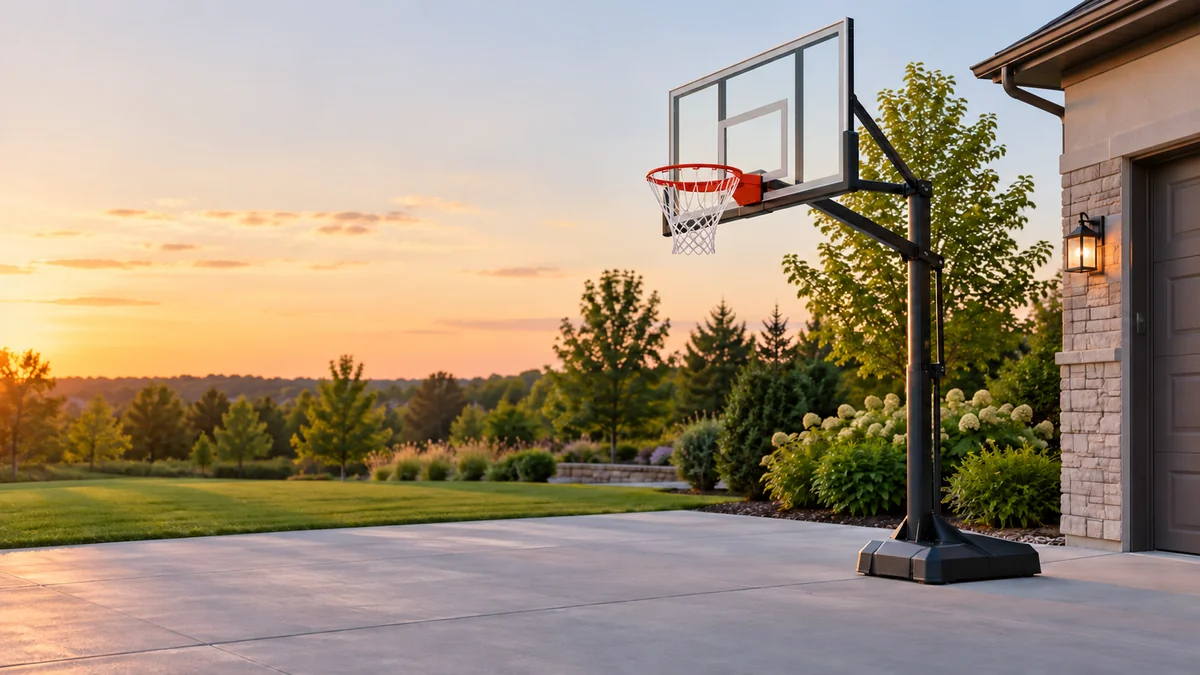 Illustrative residential basketball hoop and backboard.