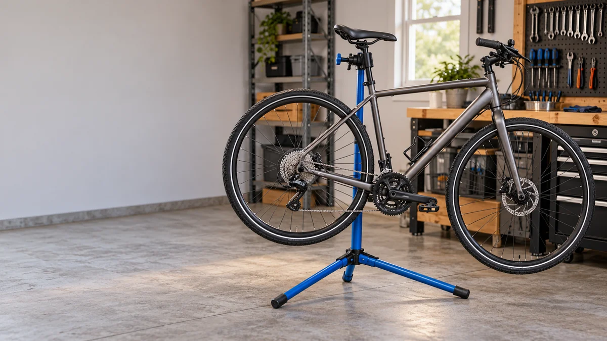 Illustrative bicycle on a service stand with hand tools.