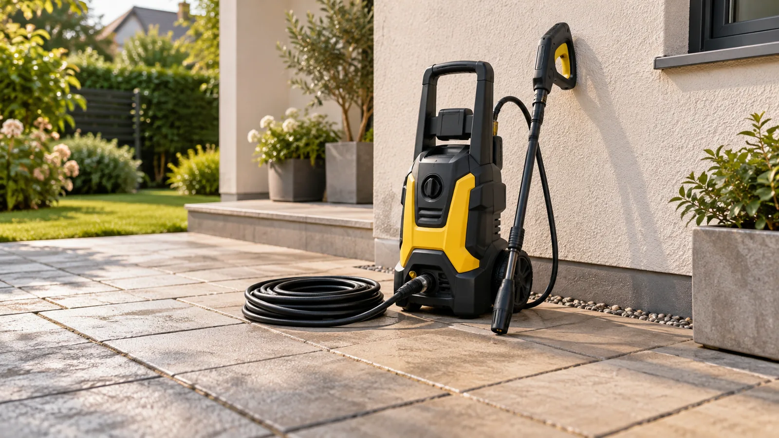 Illustrative pressure-cleaning equipment resting on an outdoor paved patio.