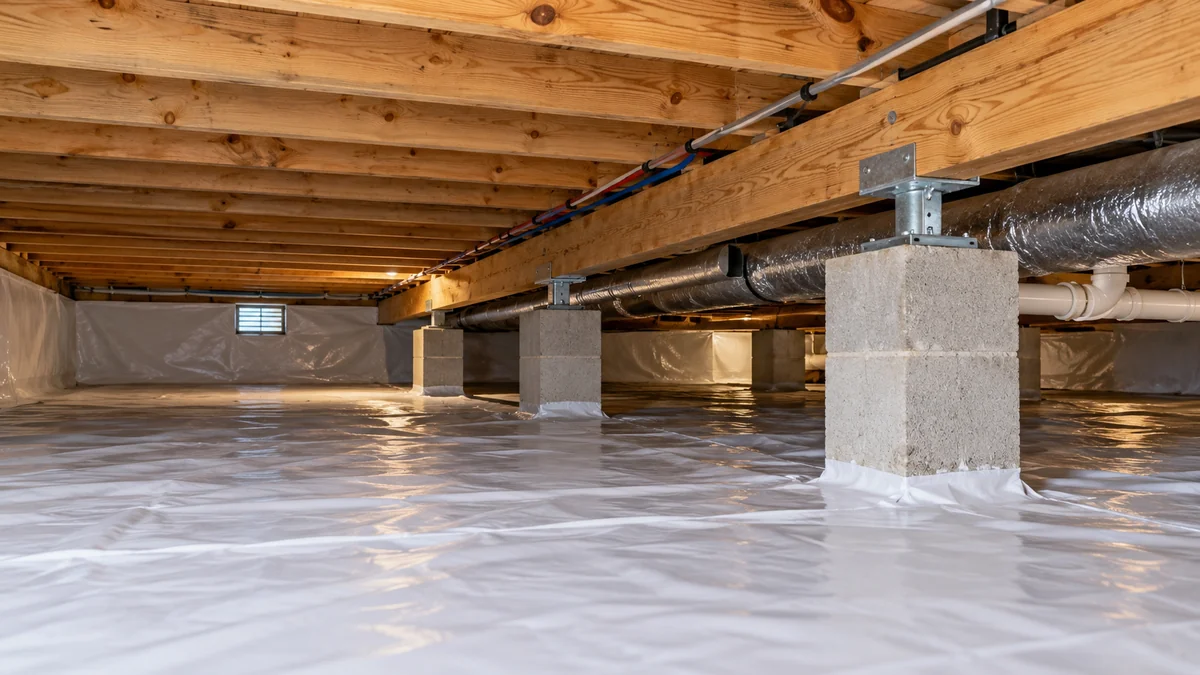 Illustrative crawl space with floor framing and ground barrier.