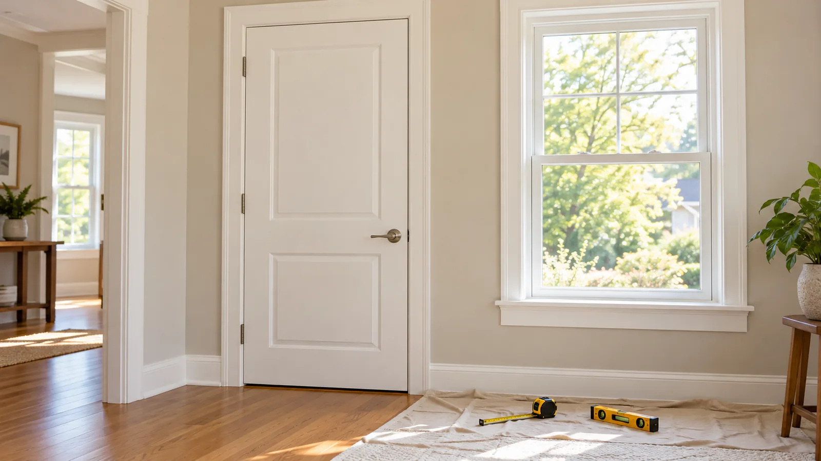 Illustrative interior door, window, trim and measuring tools.