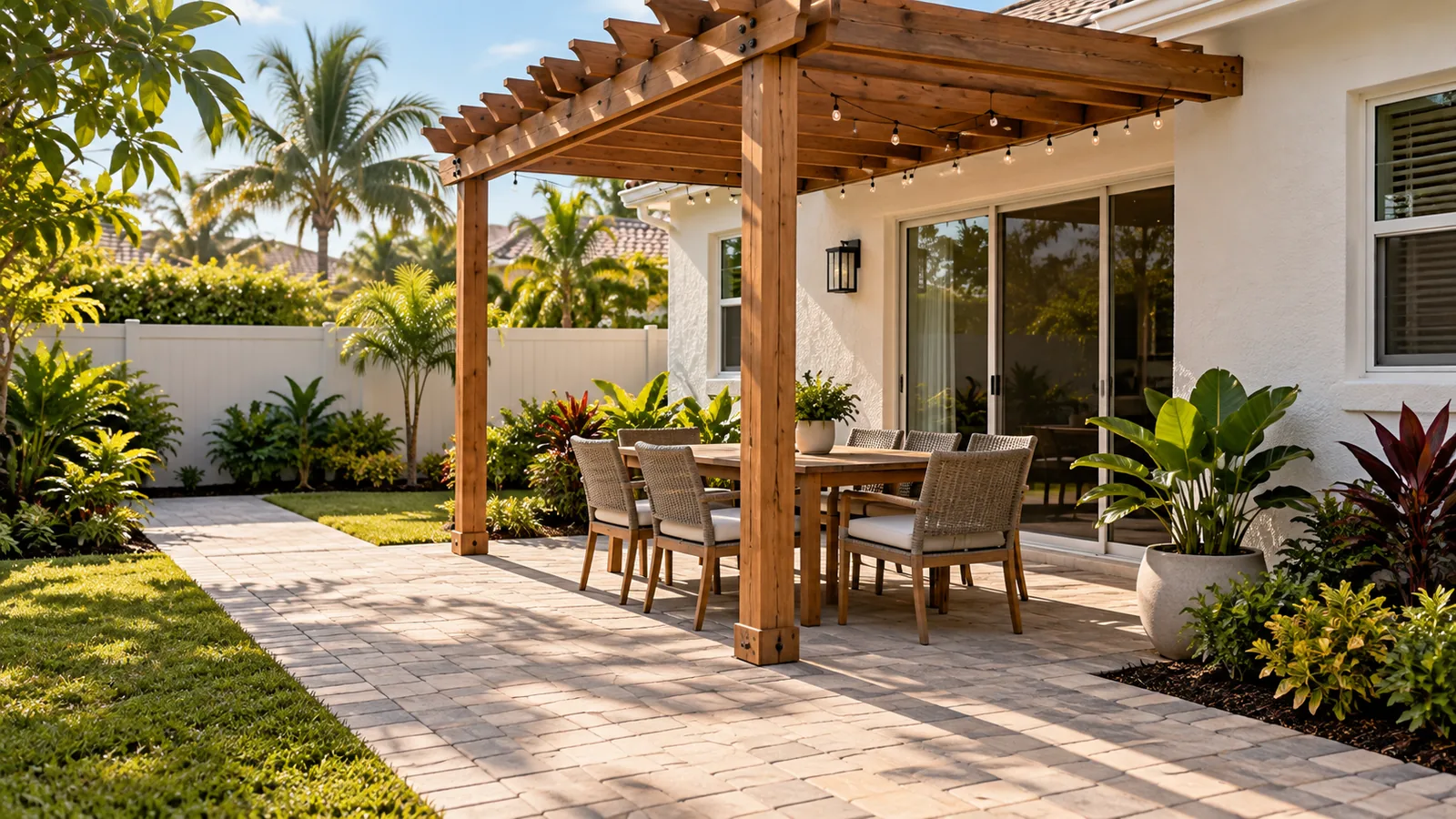 Illustrative residential patio with pergola, paving and a stucco exterior wall.