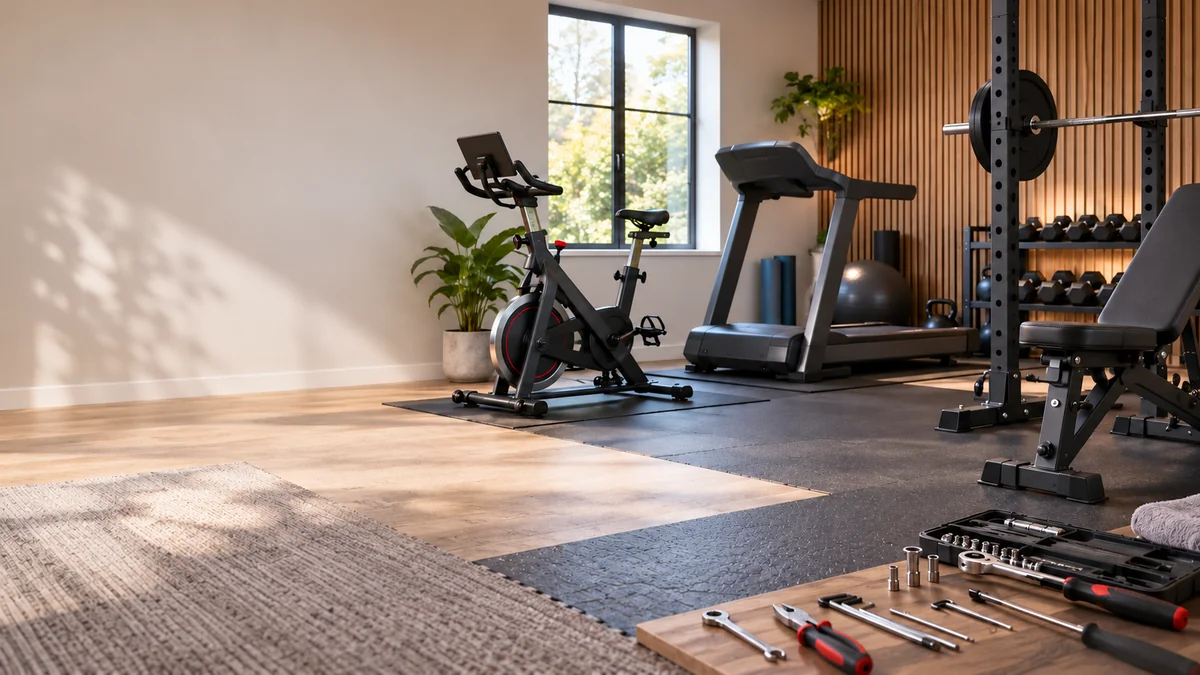 Illustrative home gym with exercise equipment and assembly tools.