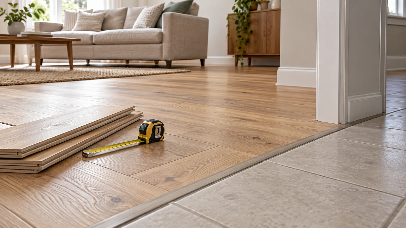 Illustrative wood plank floor, tile threshold and matching spare boards.