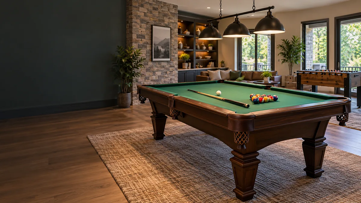 Illustrative residential game room with a pool table and foosball table.