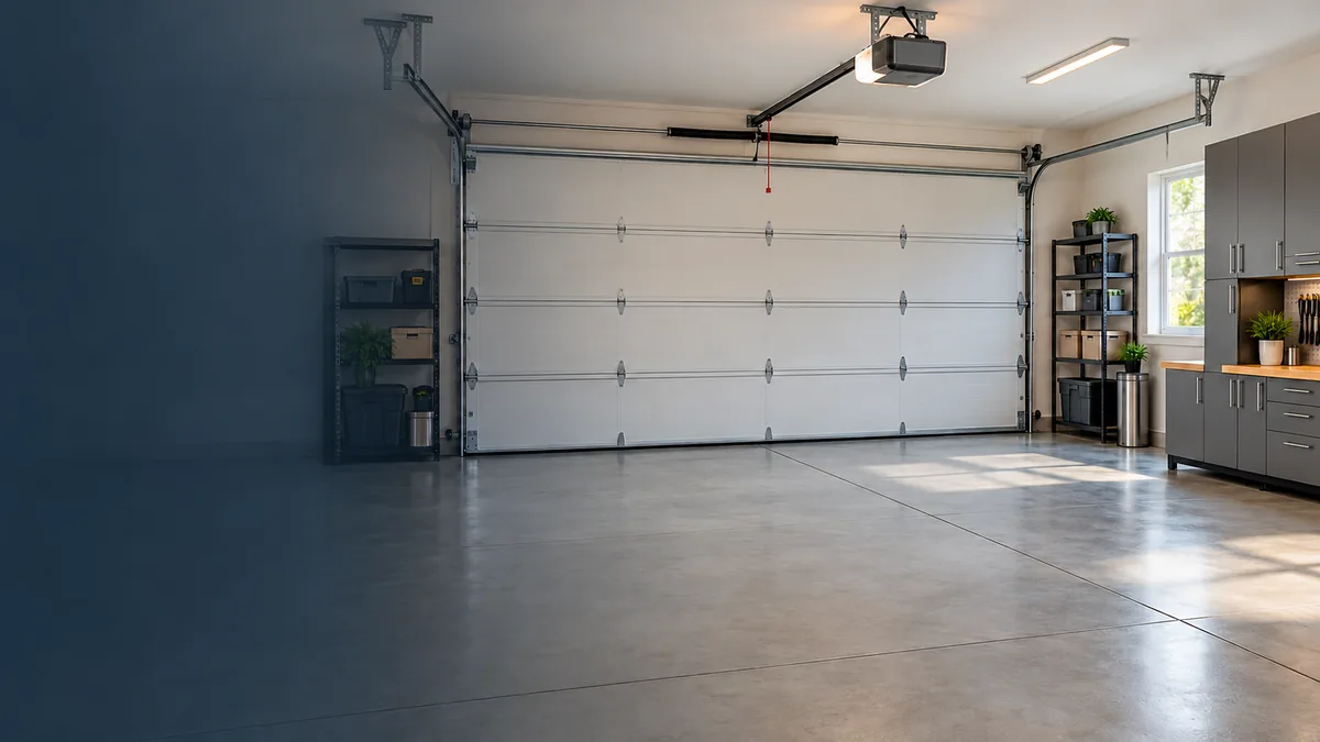 Illustrative residential garage with door, opener, storage and finished floor.
