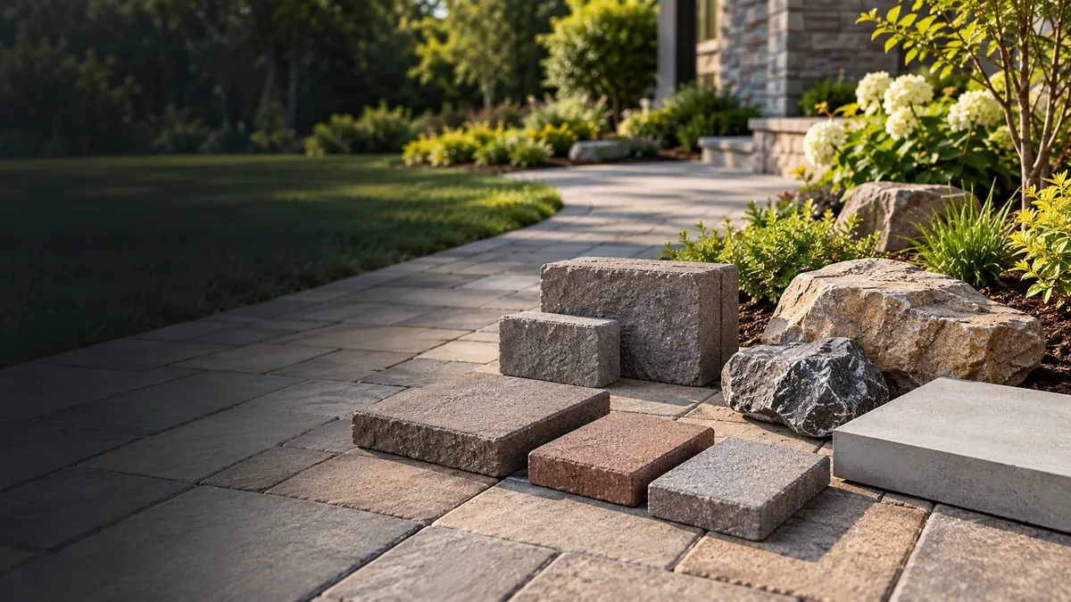 Illustrative masonry blocks, pavers and concrete samples beside a walkway.