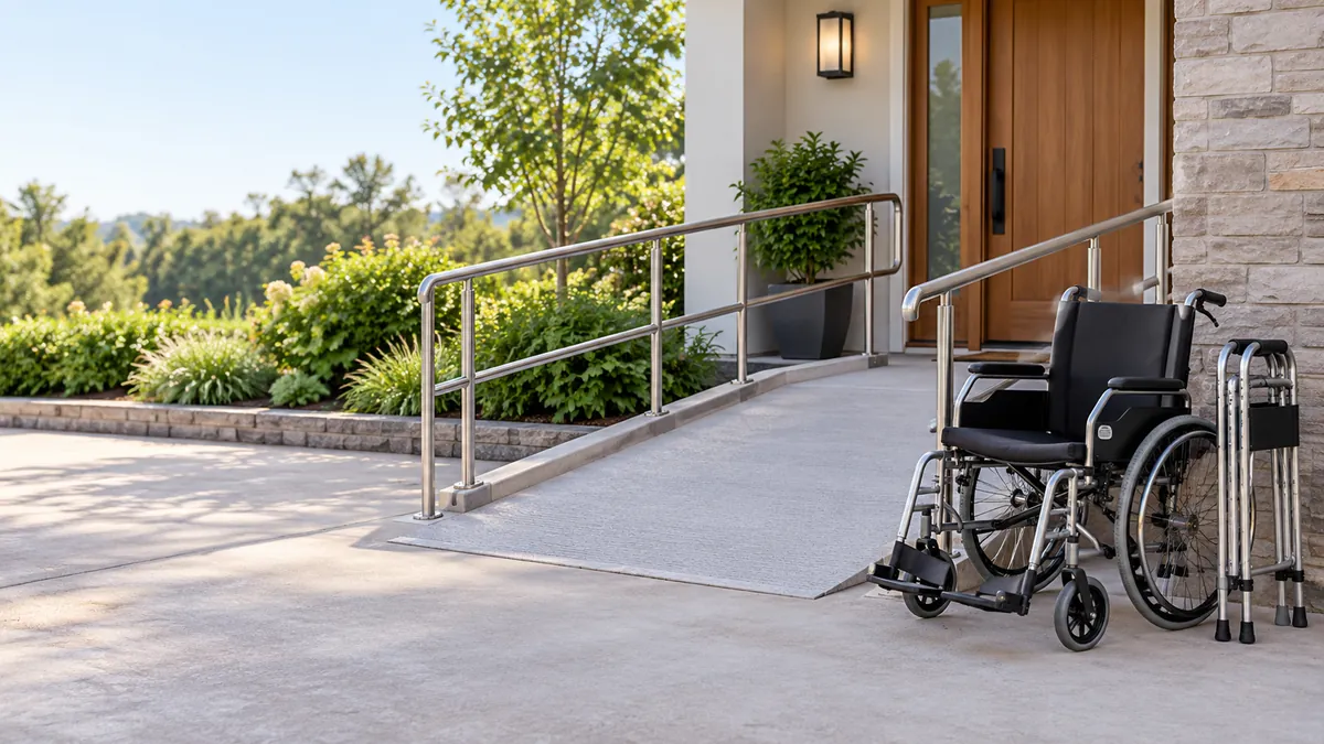 Illustrative residential access ramp with handrails and mobility aids.