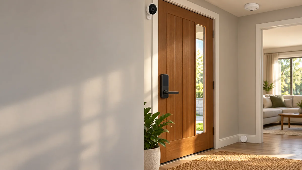 Illustrative entryway with security and home safety devices.