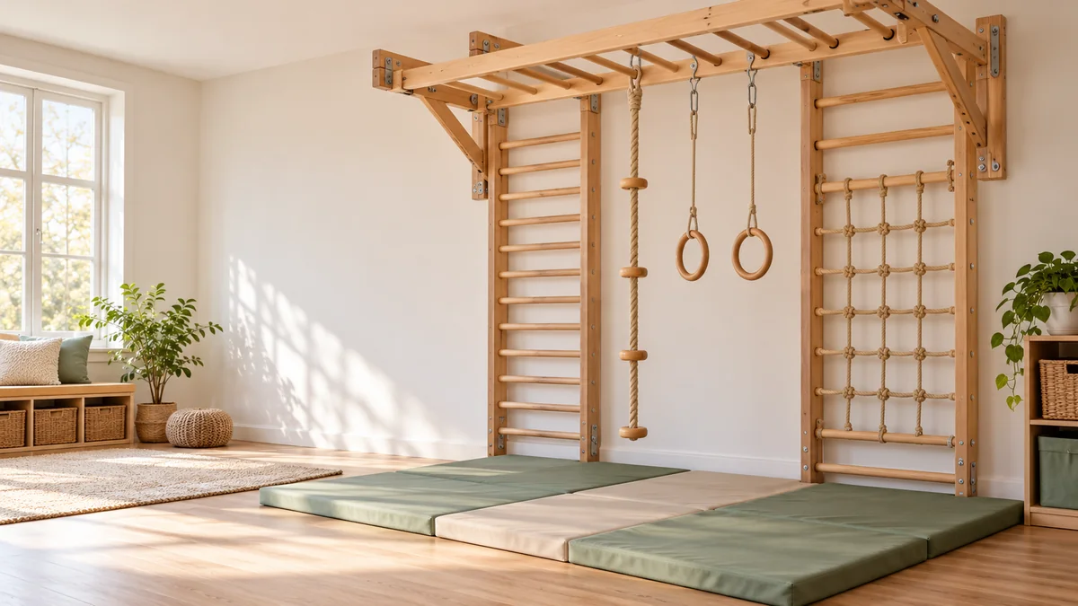 Illustrative indoor wooden climbing bars with padded floor mats.