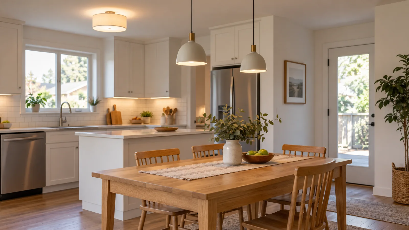 Illustrative kitchen and dining room with ceiling and pendant lighting.