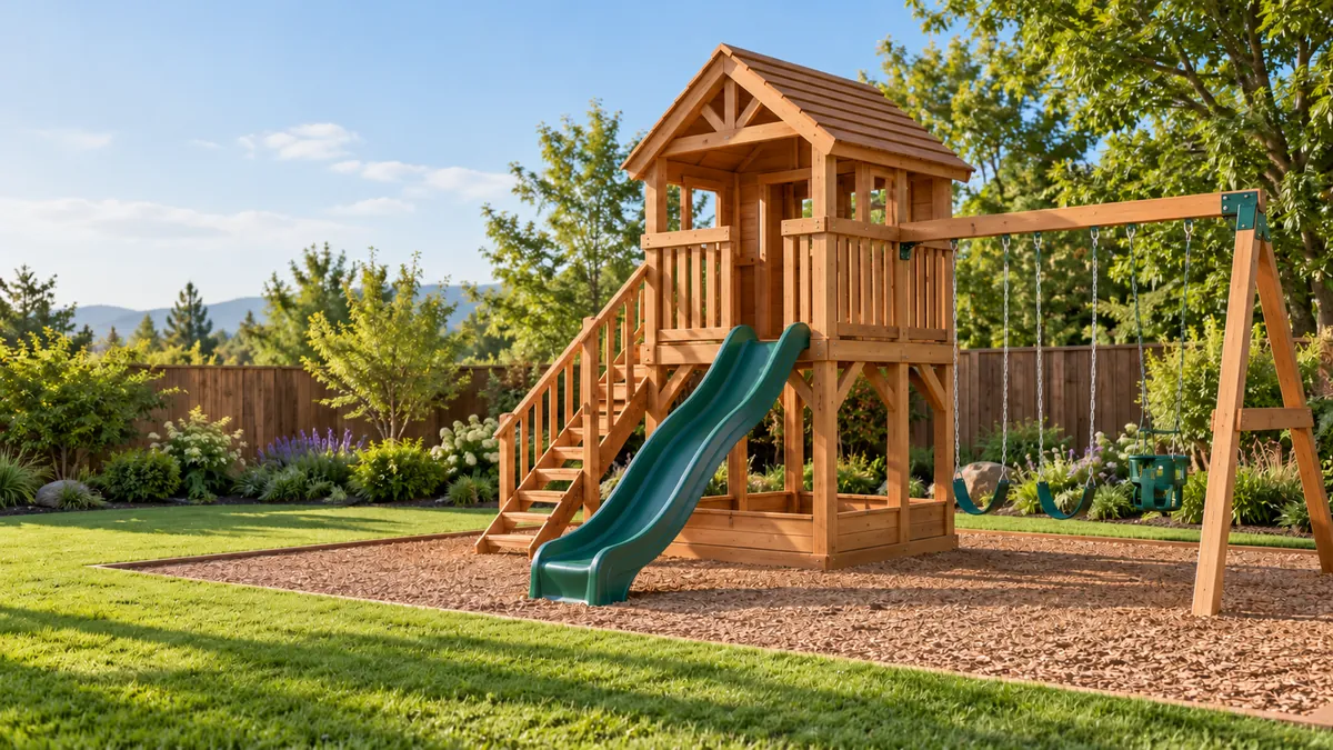 Illustrative outdoor wooden play structure with slide and swings.