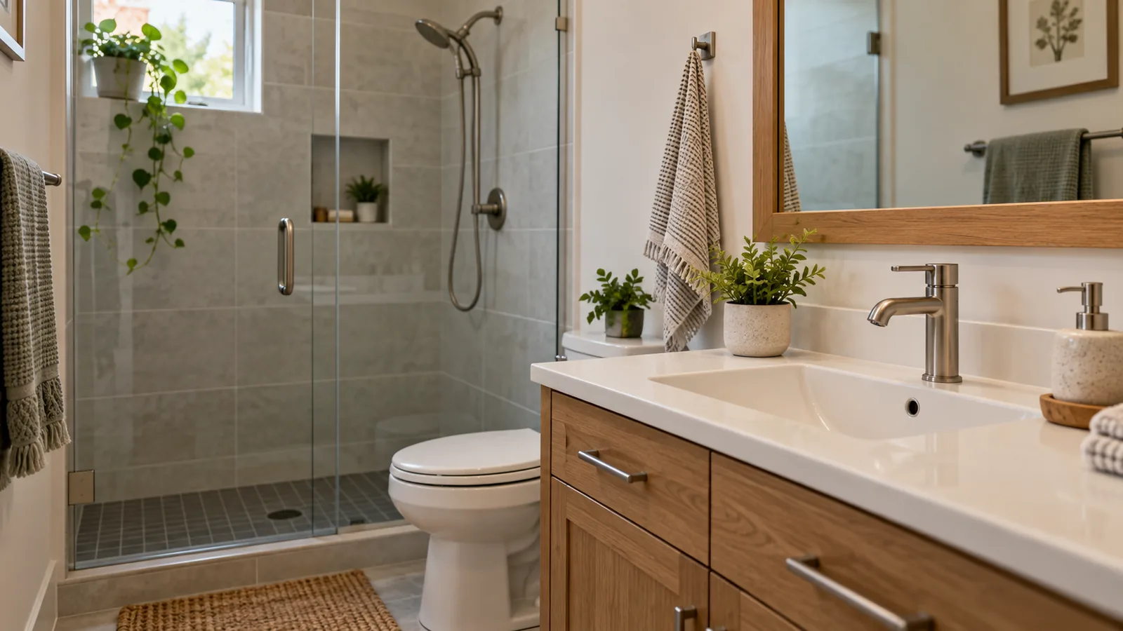 Illustrative bathroom with basin, faucet and shower fixtures.