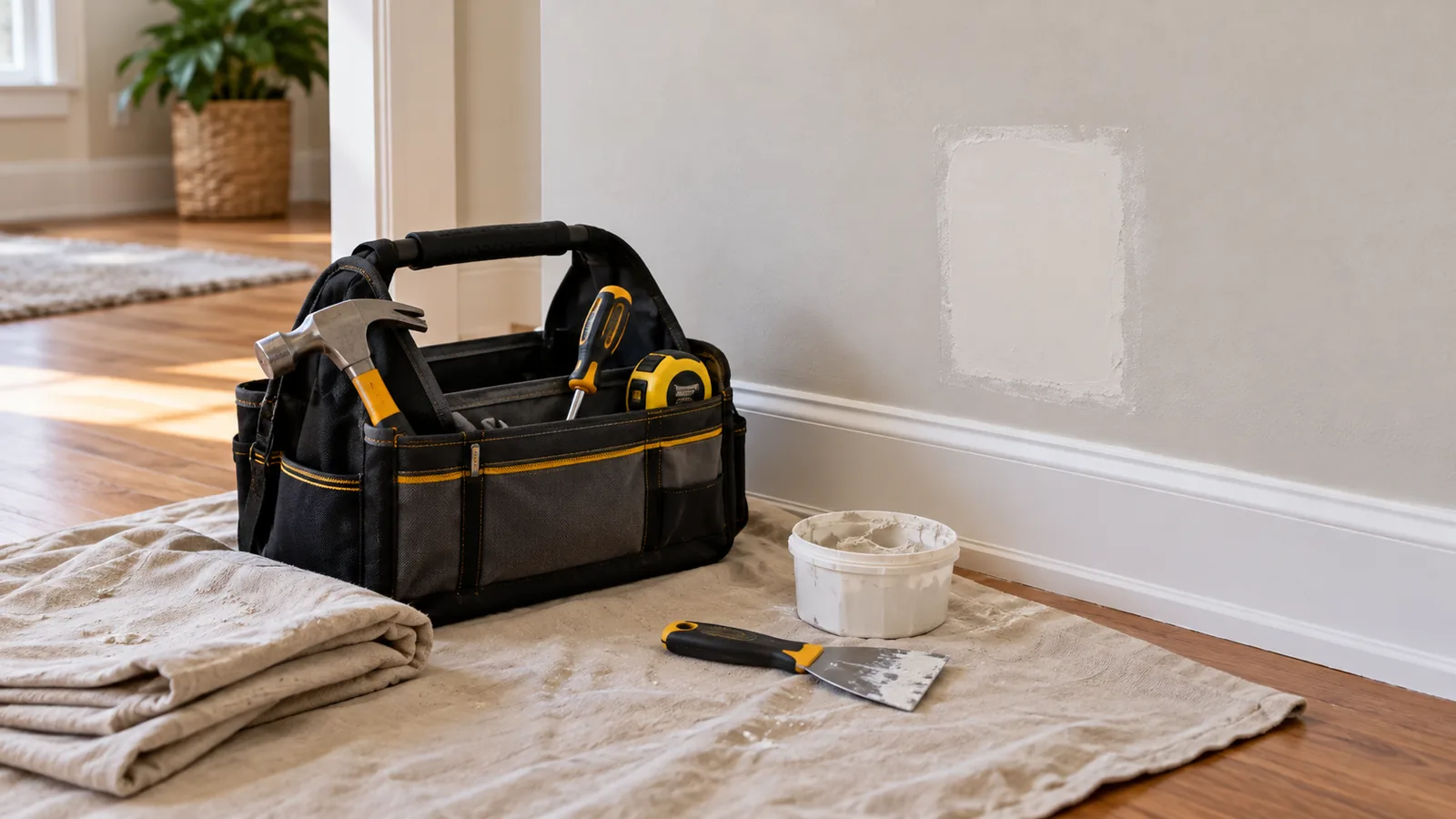 Illustrative household repair tools beside a small wall patch.