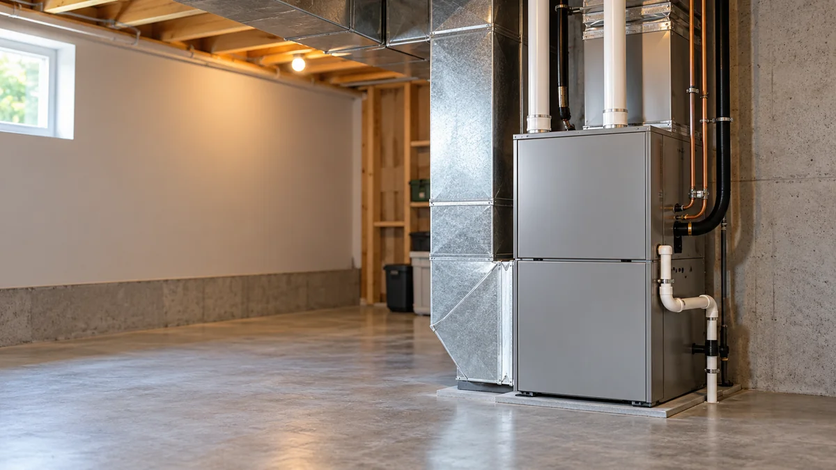 Illustrative residential HVAC equipment and connected ductwork.
