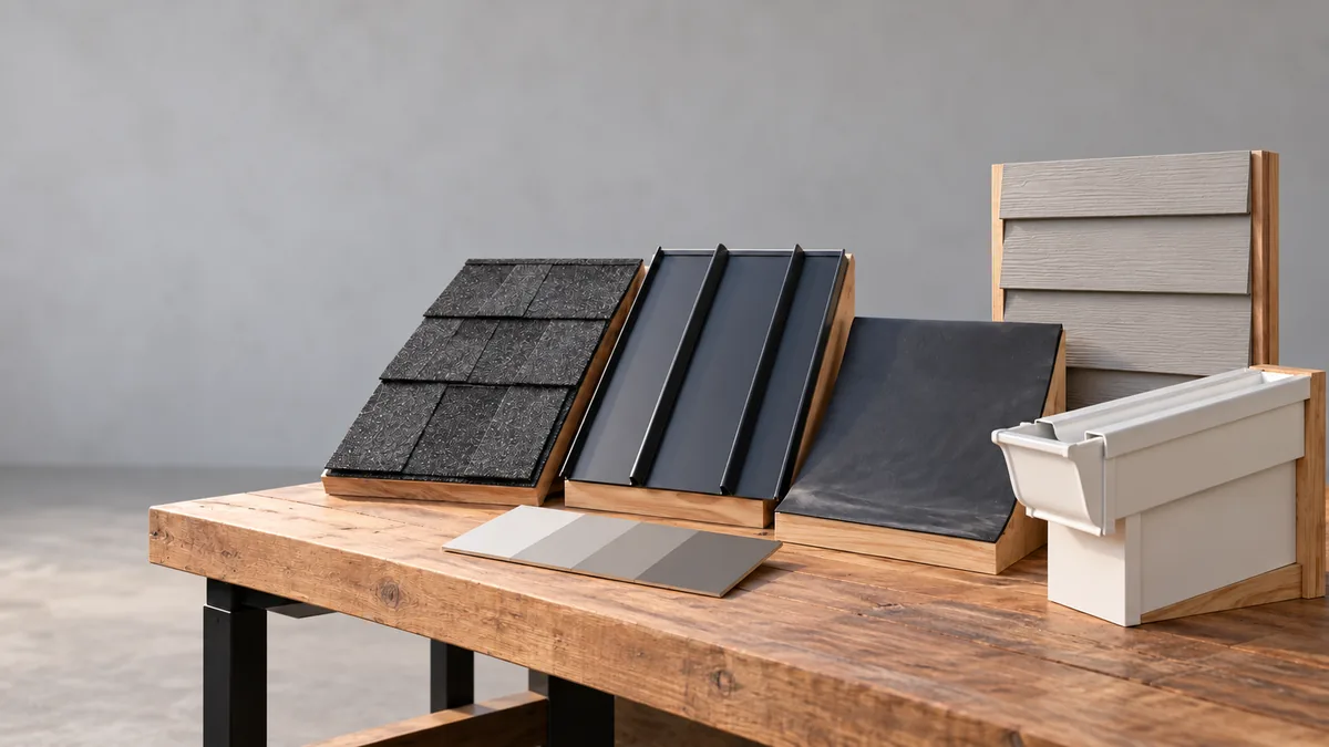 Illustrative roof, siding and gutter material samples.