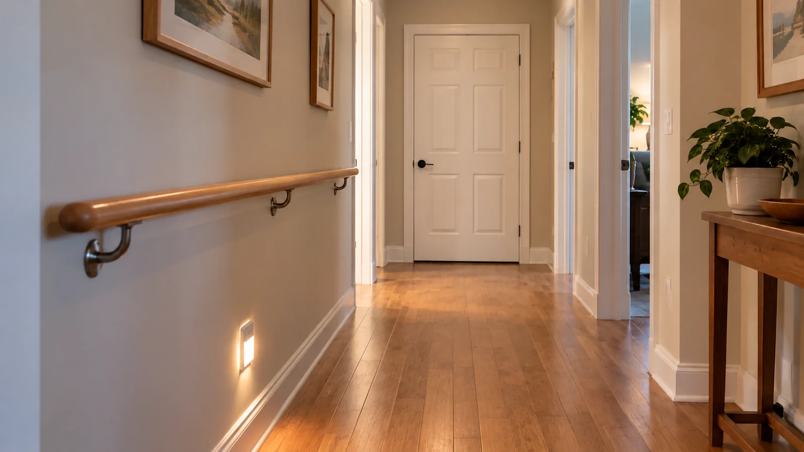 Illustrative clear hallway with wall handrail and night-light.