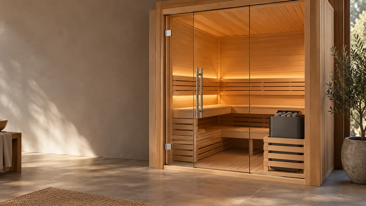 Illustrative indoor sauna with wood benches and heater.