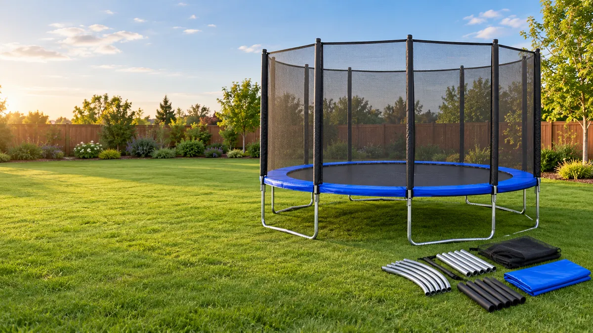 Illustrative enclosed trampoline with organized frame components.