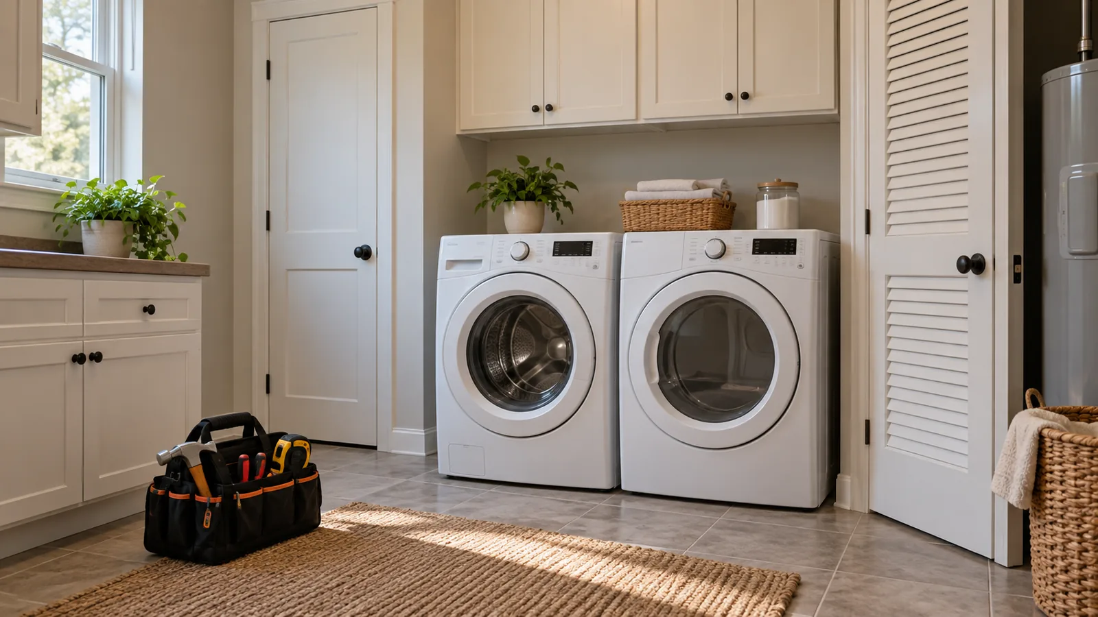 Illustrative laundry and utility room with appliances and maintenance tools.